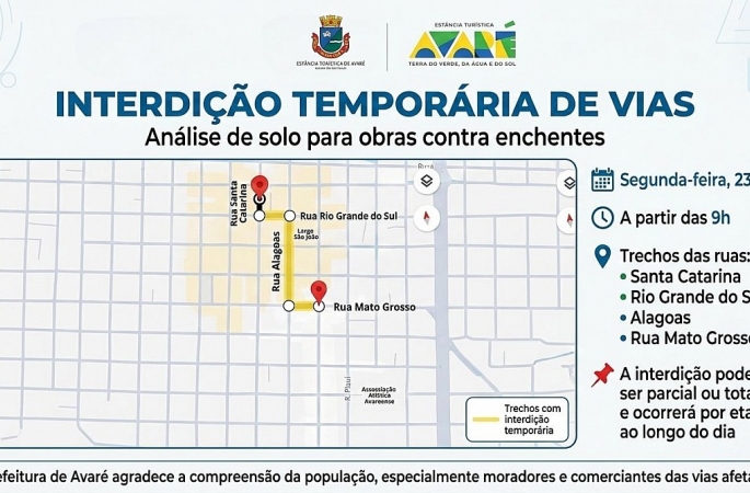 Avaré terá interdição parcial em ruas do Centro nesta segunda (23) para obras contra enchentes