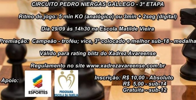 Vem ai a 3ª Etapa do Circuito Pedro Nierga De Xadrez Blitz