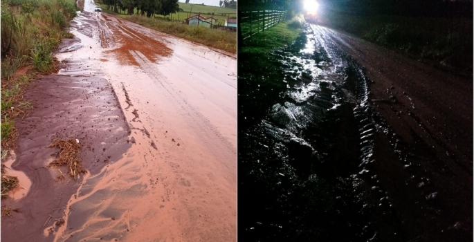 Chuva intensa deixa rodovia tomada por lama em Taquarituba