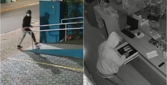 Homem quebra porta de vidro e furta farmácia em menos de 15 segundos em Taquarituba