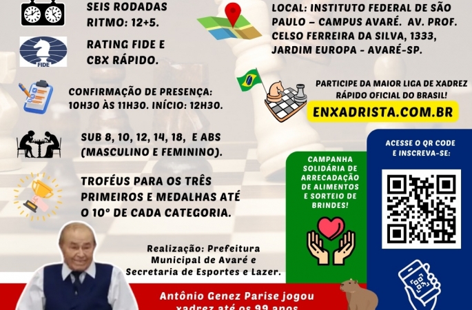 Avaré-SP sedia a 21ª Etapa da Liga do Enxadrista com Torneio Válido para Rating FIDE Rápido:Genez Parise será homenageado