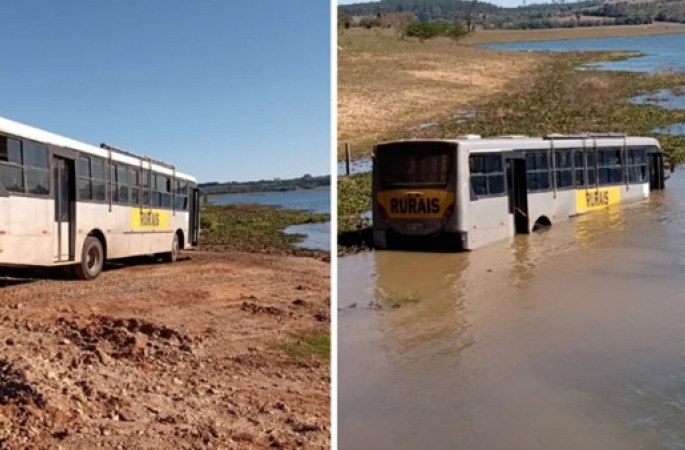 Ônibus com trabalhadores rurais passa entrada de balsa e cai no Rio Paranapanema