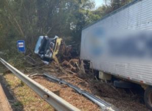 Batida entre caminhões deixa motorista ferido em rodovia de Piraju