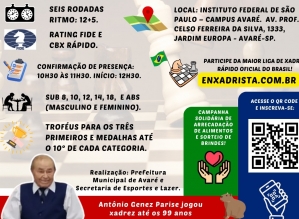 Avaré-SP sedia a 21ª Etapa da Liga do Enxadrista com Torneio Válido para Rating FIDE Rápido:Genez Parise será homenageado