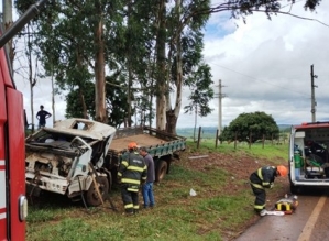 Caminhão invade pista contrária e colide com árvore deixando feridos em Itaí