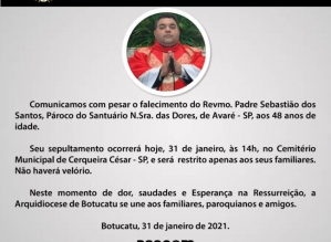 Morre padre da Igreja Nossa Senhora das Dores de Avaré, vítima de Covid-19