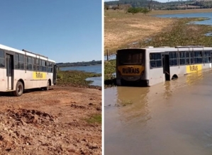 Ônibus com trabalhadores rurais passa entrada de balsa e cai no Rio Paranapanema 