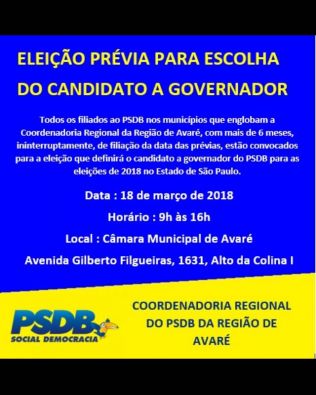 Avaré será Sede  da região para as prévias de escolha do candidato do PSDB
