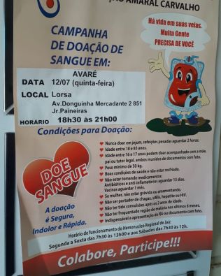 Doação de sangue para hospital “Amaral Carvalho” ocorre nesta noite em Avaré